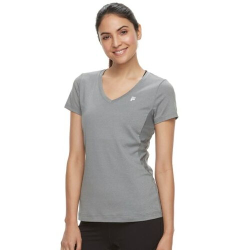 Fila Sport Women's Size Medium V-Neck T-Shirt Light Gray Short Sleeve Stretch‎
